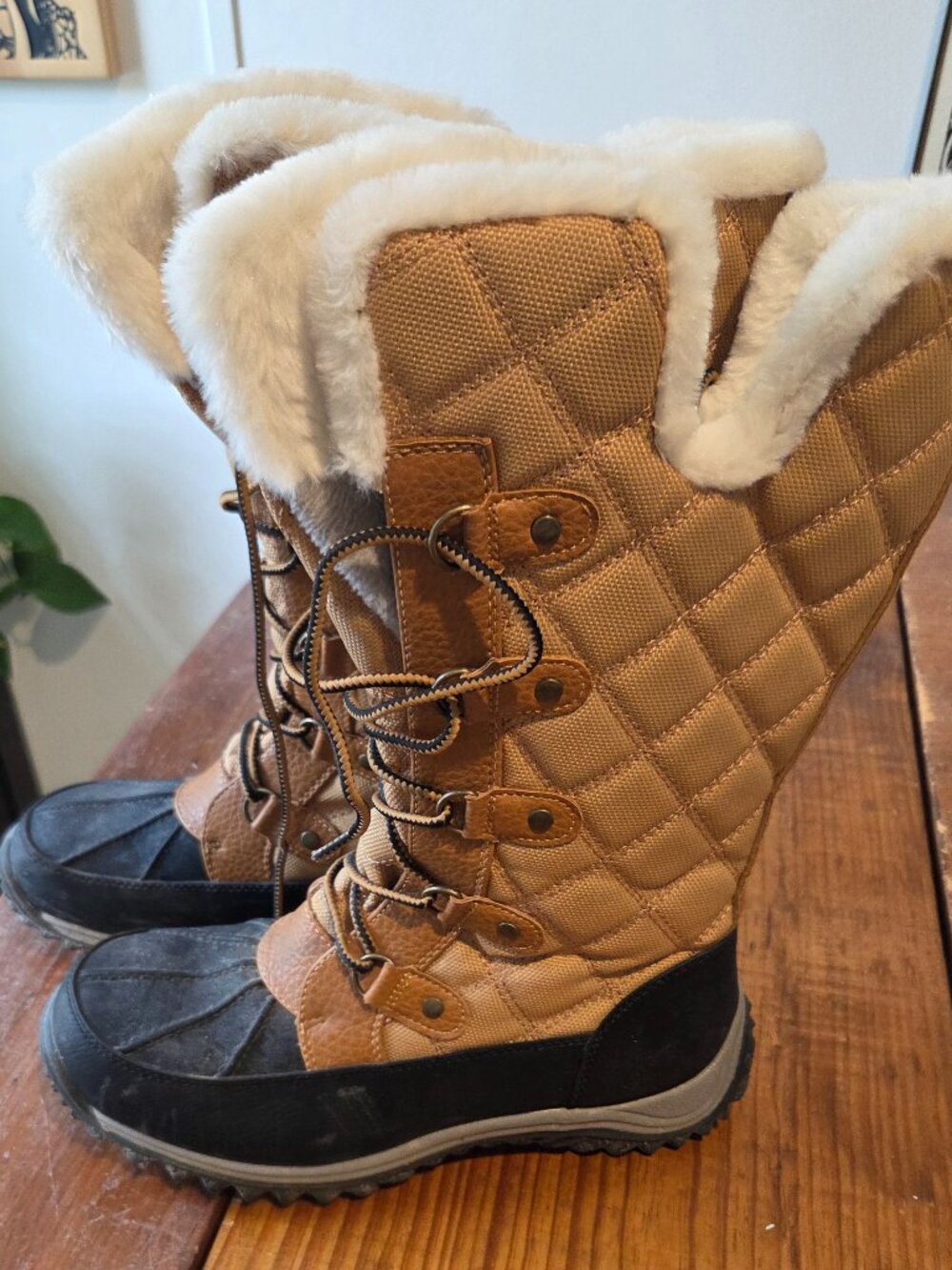 GLOBALWIN Women's Mid-Calf Fleece Lined Winter Boots, Camel/Black, Size 10